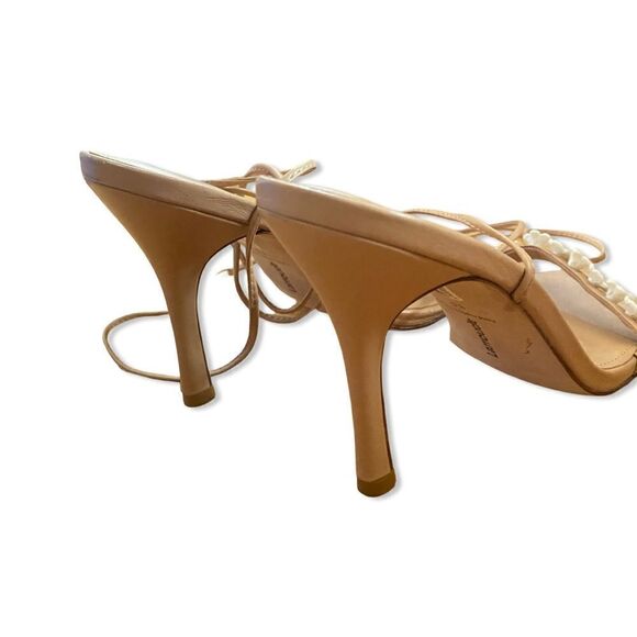 Larroude Goldie Sandals high heels shoes Tan Leather lace up flowers Sz 8.5 - Picture 8 of 15
